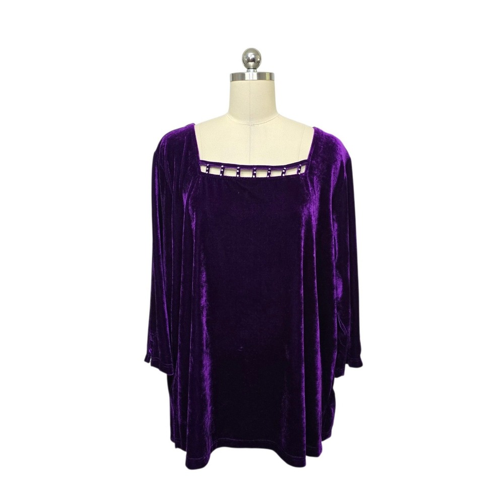 Quacker Factory Purple Velvet Tunic Top Beaded Cutout Neckline Plus Size 2X